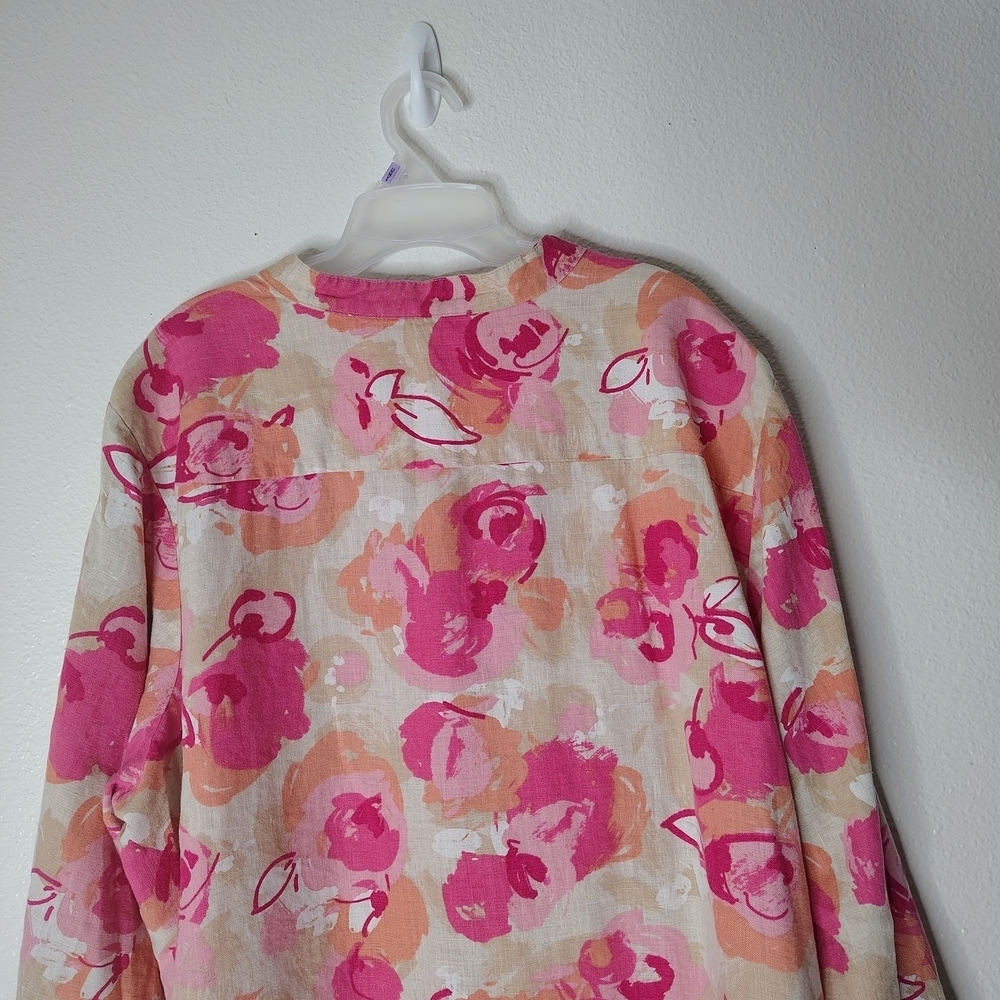 JM Collection Woman 100% Linen Floral Blouse Pink Orange Plus Size 24W Boho Top - Picture 15 of 16